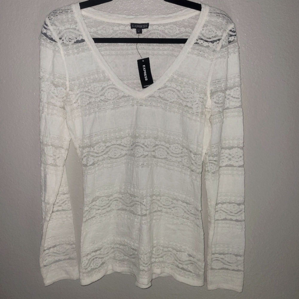 Express Long-Sleeved, Off-White Lace Long-Line Top, Size Small NWT